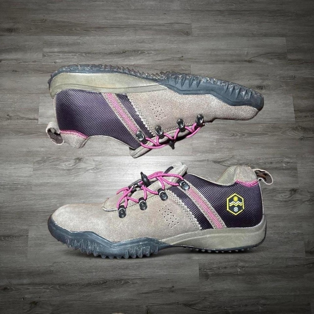 Khombu brown leather womens hiking shoes with pink elastic laces